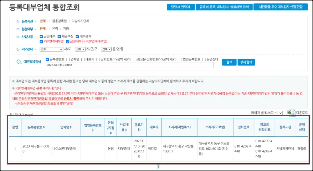 등록대부업체 통합조회 사이트에서 나이스론대부중개를 조회한 결과